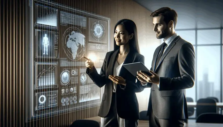 Dos ejecutivos en un espacio moderno, discutiendo datos, con pantallas digitales de IA al fondo.