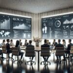 Sala de reuniones moderna con emprendedores conversando frente a pantallas que muestran gráficos de crecimiento y código.