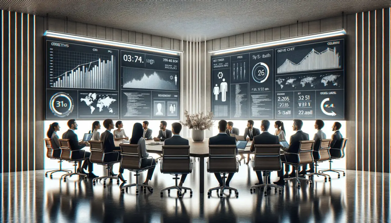 Sala de reuniones moderna con emprendedores conversando frente a pantallas que muestran gráficos de crecimiento y código.