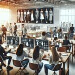 Sala de trabajo moderna con jóvenes emprendedores colaborando frente a pantallas con gráficos y prototipos de moda digital.