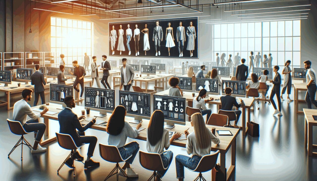 Sala de trabajo moderna con jóvenes emprendedores colaborando frente a pantallas con gráficos y prototipos de moda digital.