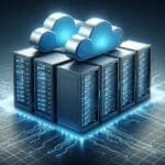 Ilustración digital de servidores en la nube conectados con líneas de datos azules, fondo oscuro y moderno.