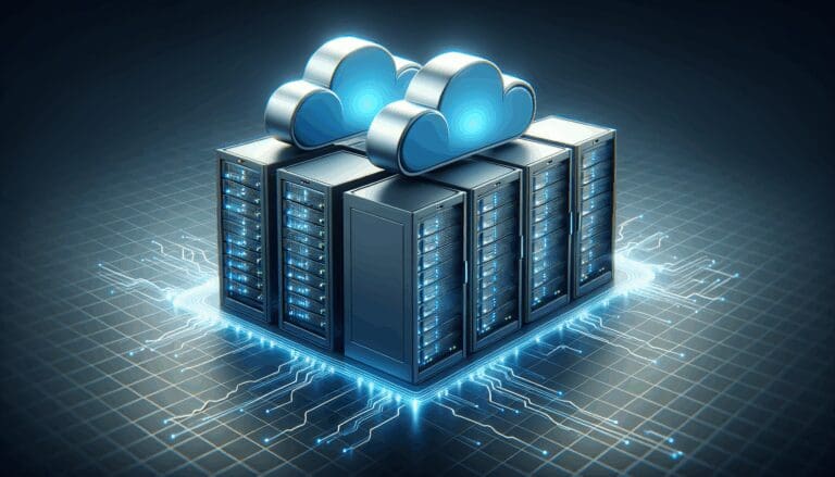 Ilustración digital de servidores en la nube conectados con líneas de datos azules, fondo oscuro y moderno.