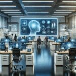 Oficinas modernas con equipos tecnológicos y pantallas mostrando datos de inteligencia artificial, ambiente colaborativo y profesional.