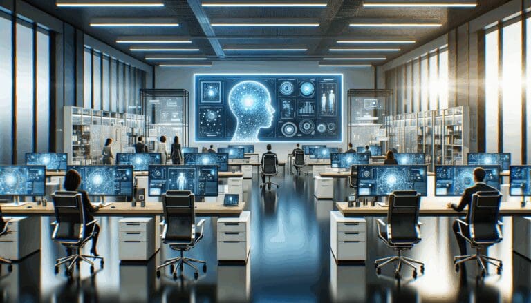 Oficinas modernas con equipos tecnológicos y pantallas mostrando datos de inteligencia artificial, ambiente colaborativo y profesional.