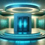 Centro de datos moderno iluminado en tonalidades azul y verde