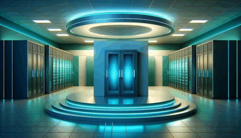 Centro de datos moderno iluminado en tonalidades azul y verde