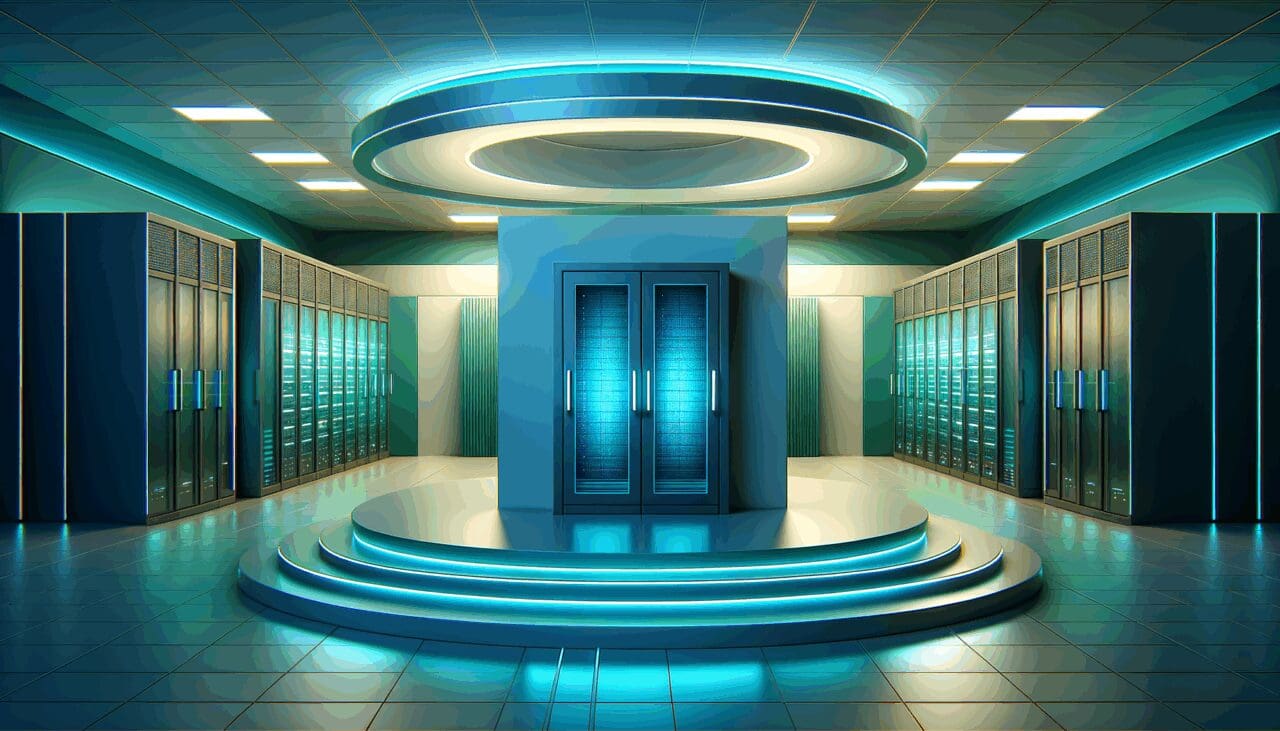 Centro de datos moderno iluminado en tonalidades azul y verde