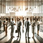 Evento de networking entre emprendedores y representantes de fondos de inversión en un espacio moderno y luminoso.