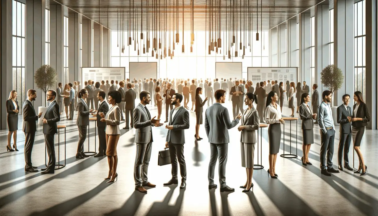 Evento de networking entre emprendedores y representantes de fondos de inversión en un espacio moderno y luminoso.