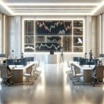 Sala de operaciones financiera con pantallas mostrando gráficos de acciones y empleados analizando datos en un ambiente moderno.