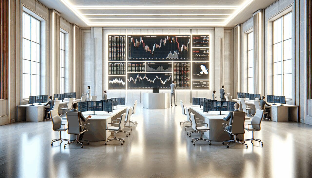Sala de operaciones financiera con pantallas mostrando gráficos de acciones y empleados analizando datos en un ambiente moderno.