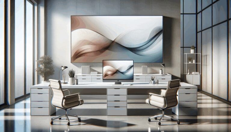 Espacio de trabajo moderno con pantallas digitales mostrando obras de arte contemporáneo.