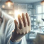 Primer plano de manos sosteniendo muestras de biomateriales en un laboratorio moderno, fondo desenfocado.