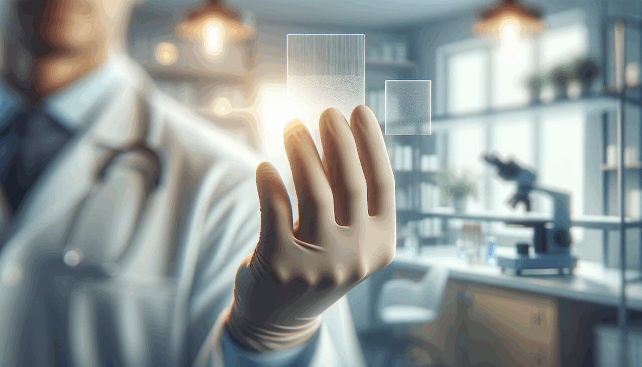 Primer plano de manos sosteniendo muestras de biomateriales en un laboratorio moderno, fondo desenfocado.