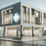 Fachada moderna de una farmacia tecnológica en São Paulo, Brasil.