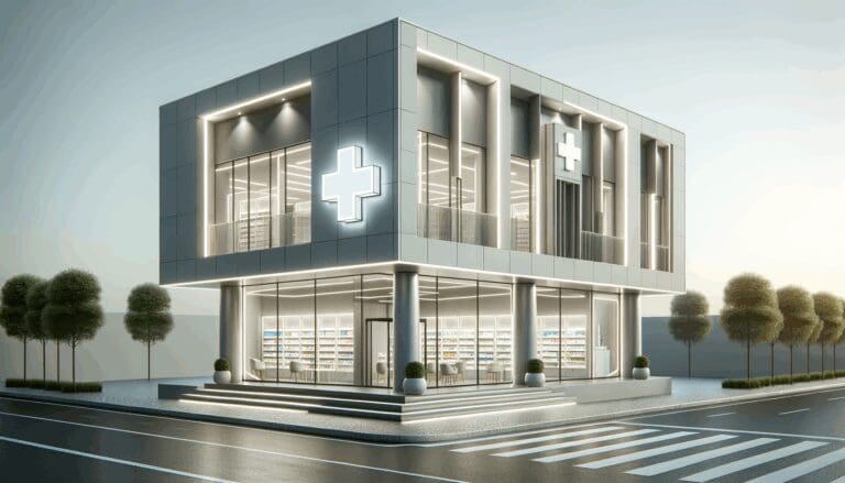 Fachada moderna de una farmacia tecnológica en São Paulo, Brasil.