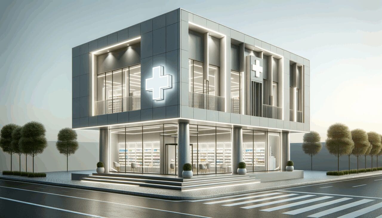 Fachada moderna de una farmacia tecnológica en São Paulo, Brasil.