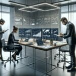 Dos personas en una oficina tecnológica, sobre una mesa con laptops y smartphones, revisan gráficos de inversiones.