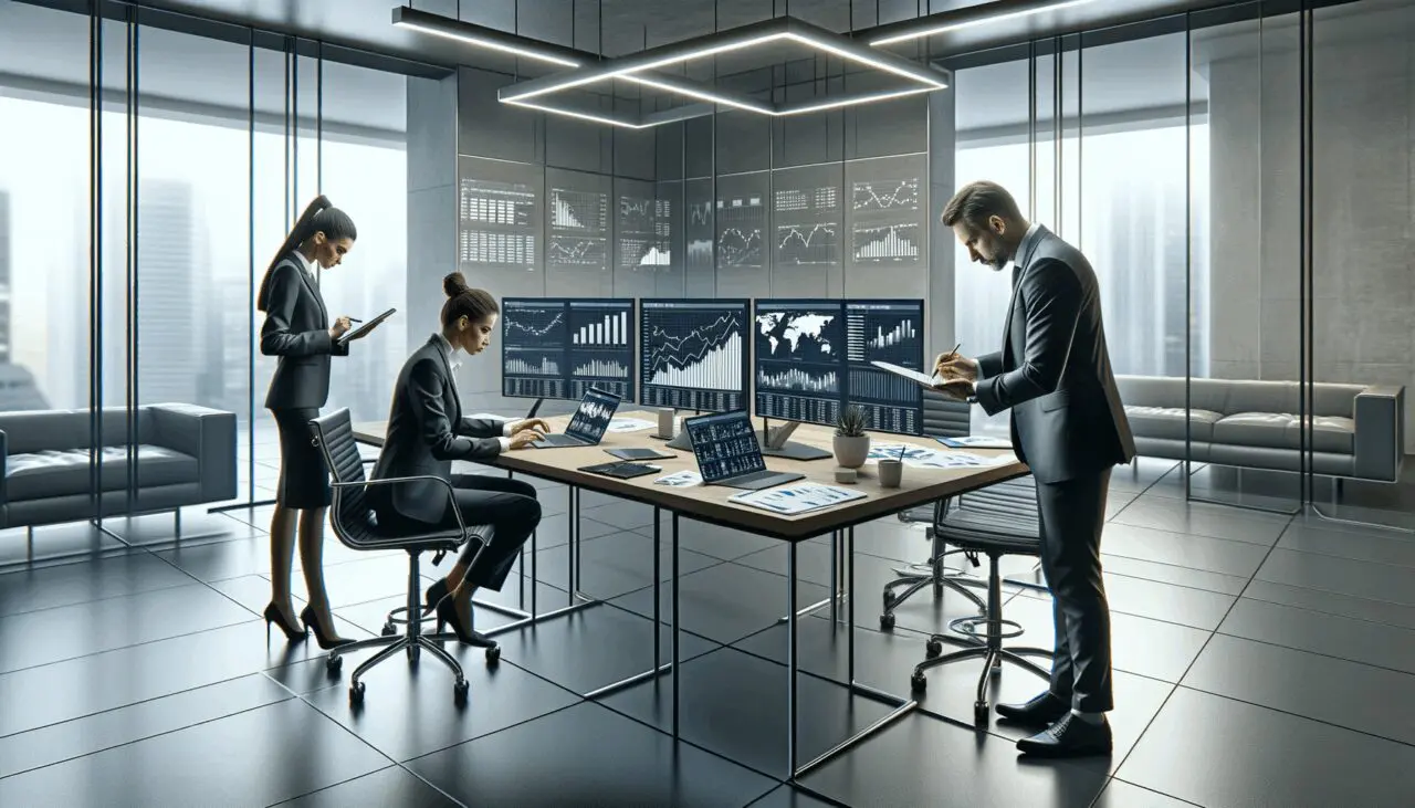 Dos personas en una oficina tecnológica, sobre una mesa con laptops y smartphones, revisan gráficos de inversiones.