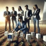 Equipo de jóvenes emprendedores revisando sensores IoT en un campo agrícola moderno.
