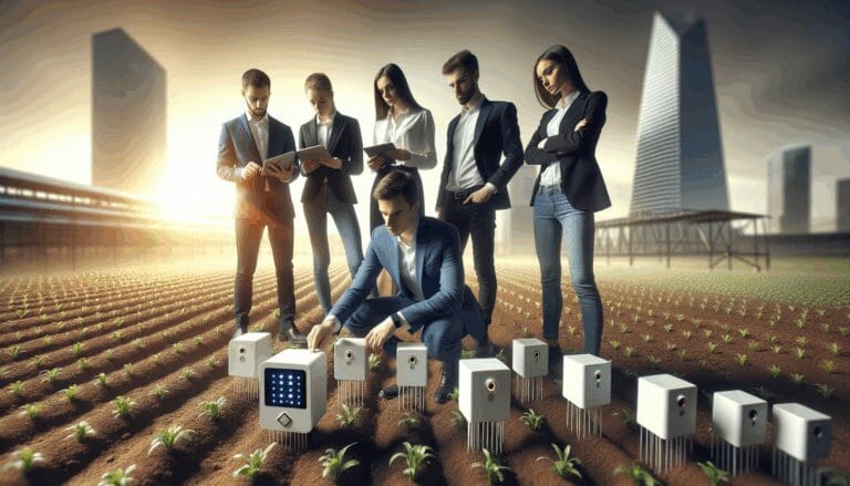 Equipo de jóvenes emprendedores revisando sensores IoT en un campo agrícola moderno.