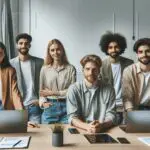 Retrato de jóvenes emprendedores colaborando en un espacio de coworking moderno con laptops y pizarras.