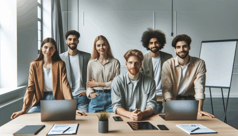 Retrato de jóvenes emprendedores colaborando en un espacio de coworking moderno con laptops y pizarras.