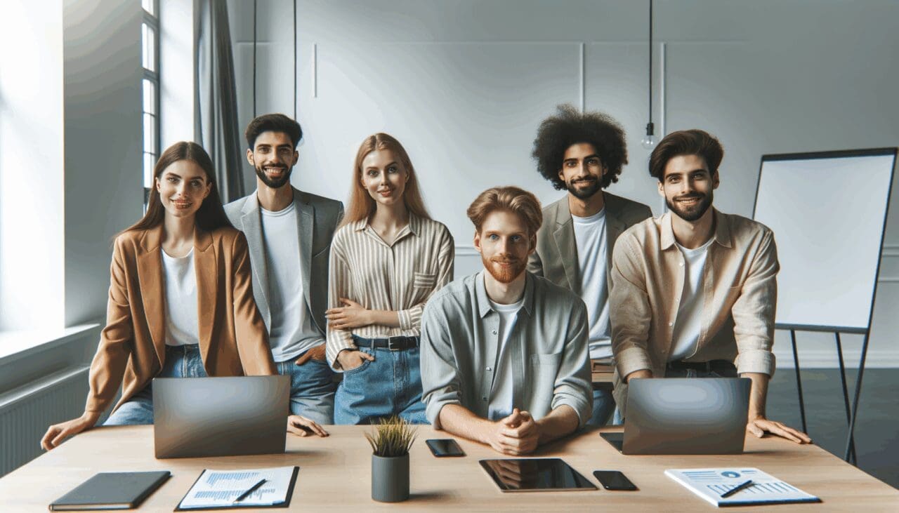 Retrato de jóvenes emprendedores colaborando en un espacio de coworking moderno con laptops y pizarras.