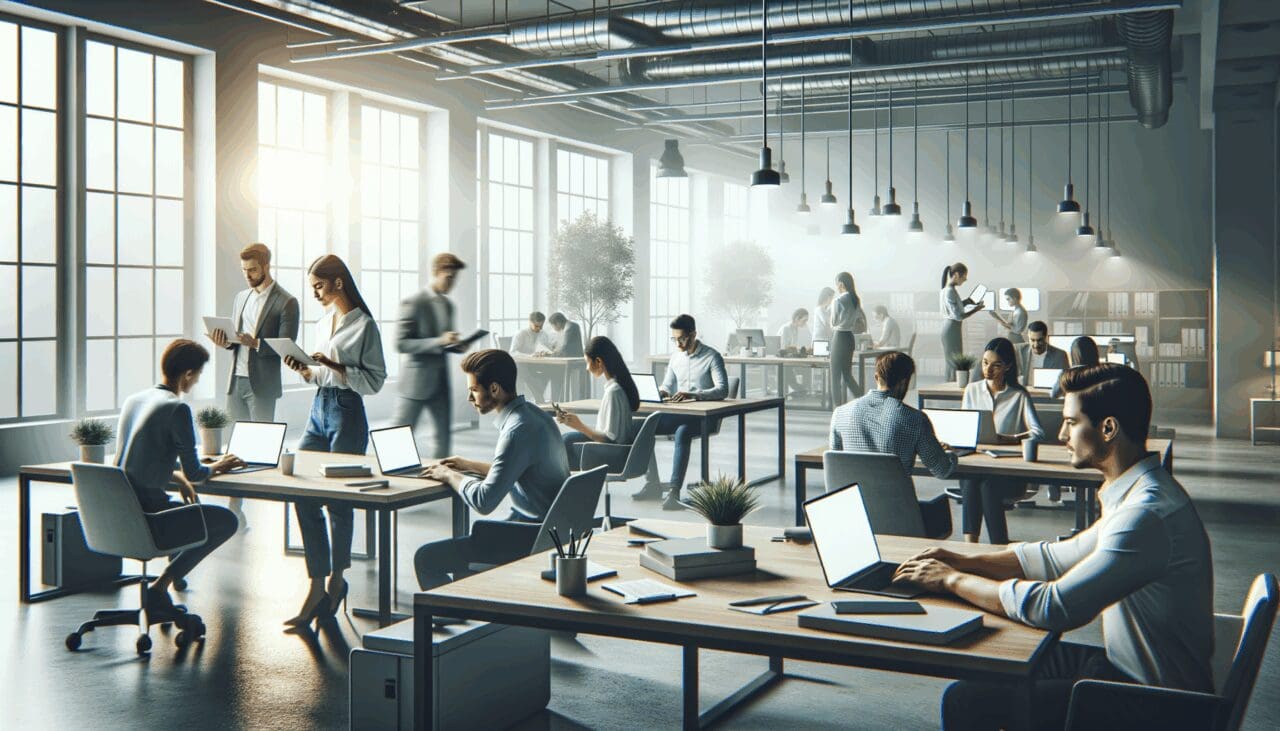 Oficina moderna con jóvenes emprendedores trabajando en laptops, ambiente dinámico y tecnológico.