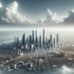 Vista aérea de una ciudad moderna con rascacielos y nubes sobre el horizonte