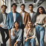 Equipo de jóvenes emprendedores presentando su startup en un moderno espacio de coworking.