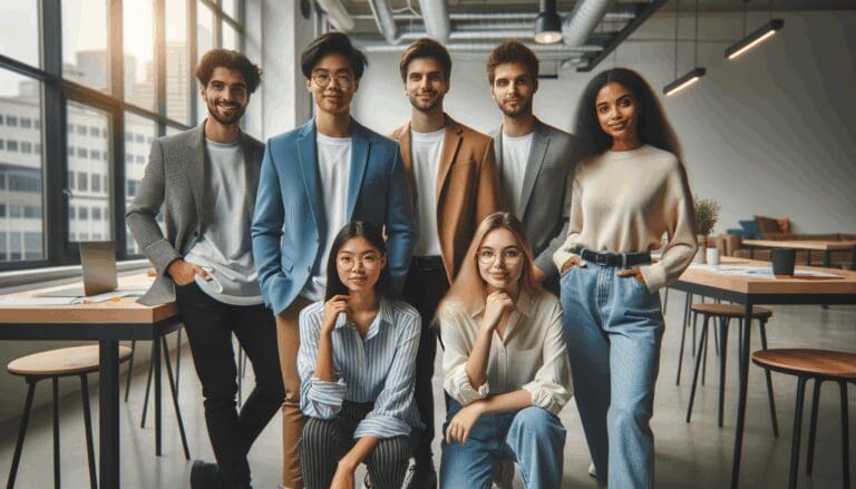 Equipo de jóvenes emprendedores presentando su startup en un moderno espacio de coworking.