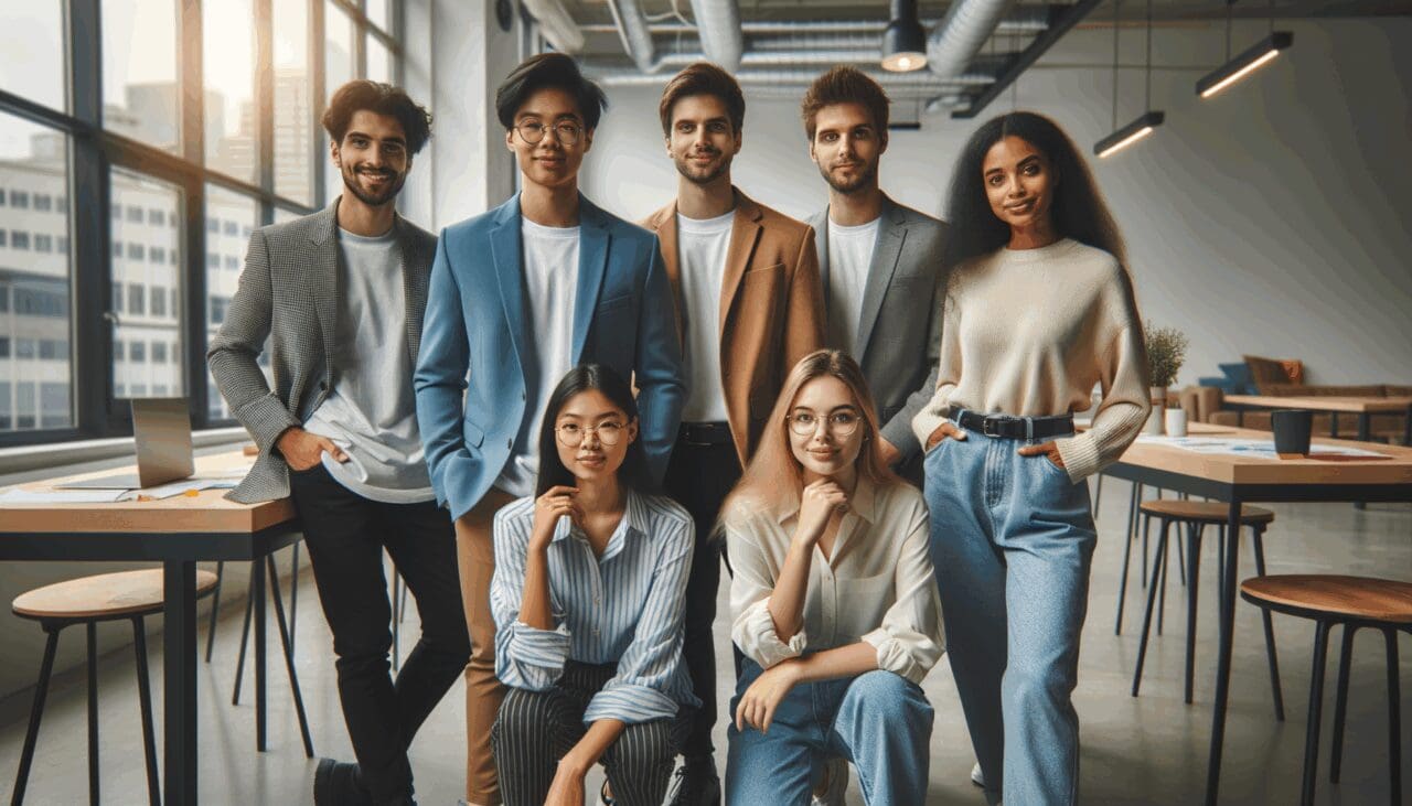 Equipo de jóvenes emprendedores presentando su startup en un moderno espacio de coworking.