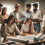 Jóvenes profesionales reunidos en una sala de trabajo contemporánea, colaborando sobre planos y tecnología.