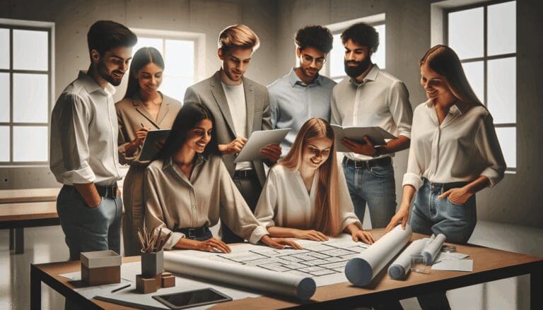 Jóvenes profesionales reunidos en una sala de trabajo contemporánea, colaborando sobre planos y tecnología.