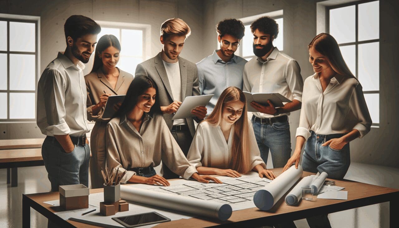 Jóvenes profesionales reunidos en una sala de trabajo contemporánea, colaborando sobre planos y tecnología.