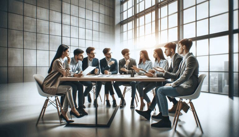 Jóvenes emprendedores discutiendo proyectos en un entorno de oficina moderno.