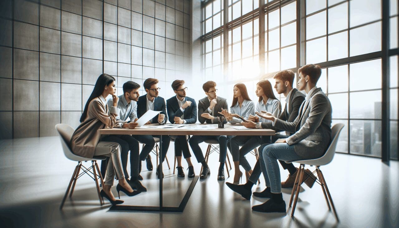 Jóvenes emprendedores discutiendo proyectos en un entorno de oficina moderno.