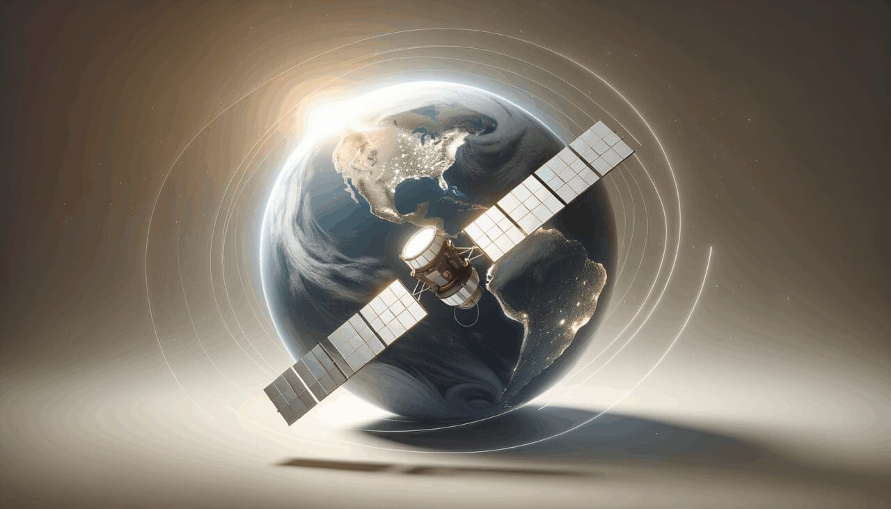 Satélite en órbita sobre la Tierra, mostrando tecnología espacial aplicada a la gestión de recursos.