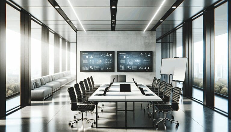 Oficinas modernas y minimalistas de una startup tecnológica con laptops y pizarras digitales.