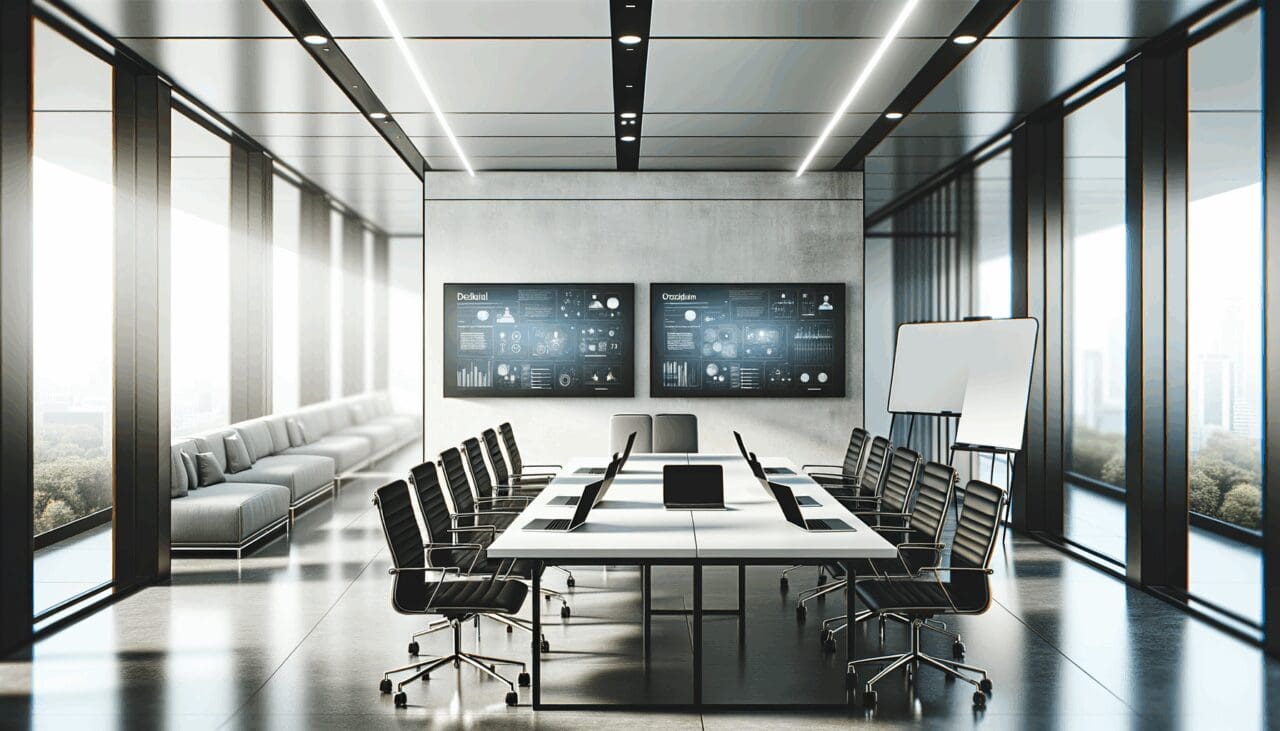 Oficinas modernas y minimalistas de una startup tecnológica con laptops y pizarras digitales.