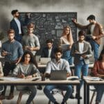 Grupo de jóvenes profesionales colaborando en un espacio de coworking moderno, con laptops y pizarras.