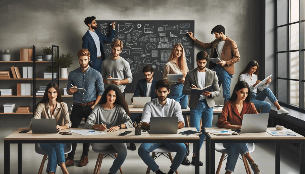 Grupo de jóvenes profesionales colaborando en un espacio de coworking moderno, con laptops y pizarras.