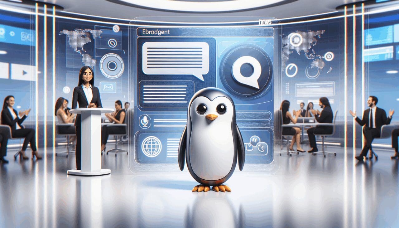 Asistente virtual representado por un pingüino animado en un entorno digital moderno, con iconos de chat e interfaz tecnológica de fondo.