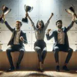 Tres jóvenes empresarios celebrando con trofeos en un escenario iluminado, fondo abstracto y moderno.