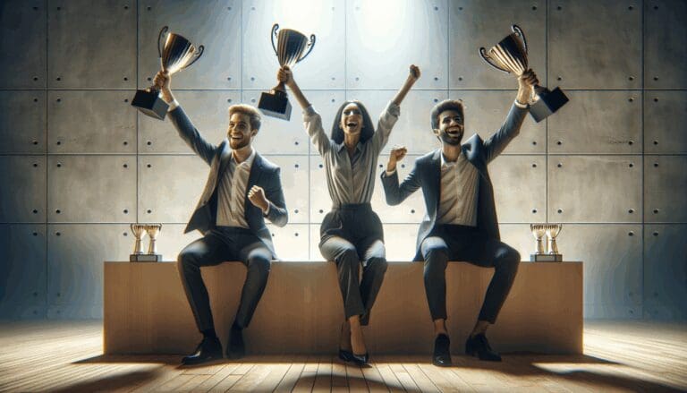 Tres jóvenes empresarios celebrando con trofeos en un escenario iluminado, fondo abstracto y moderno.