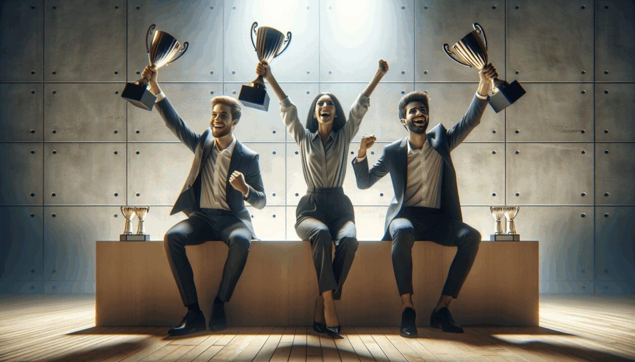 Tres jóvenes empresarios celebrando con trofeos en un escenario iluminado, fondo abstracto y moderno.