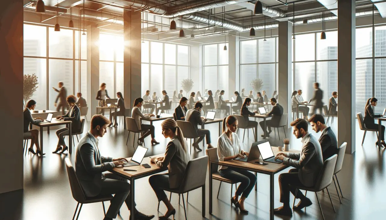 Espacio de coworking con emprendedores trabajando en laptops