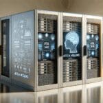 Plano cerrado de servidores y pantallas mostrando software de inteligencia artificial en un entorno de oficina moderna.